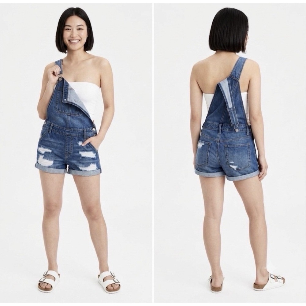 AE‎ American Eagle Denim Overall Women's Large Blue Distressed Tomgirl Shortalls